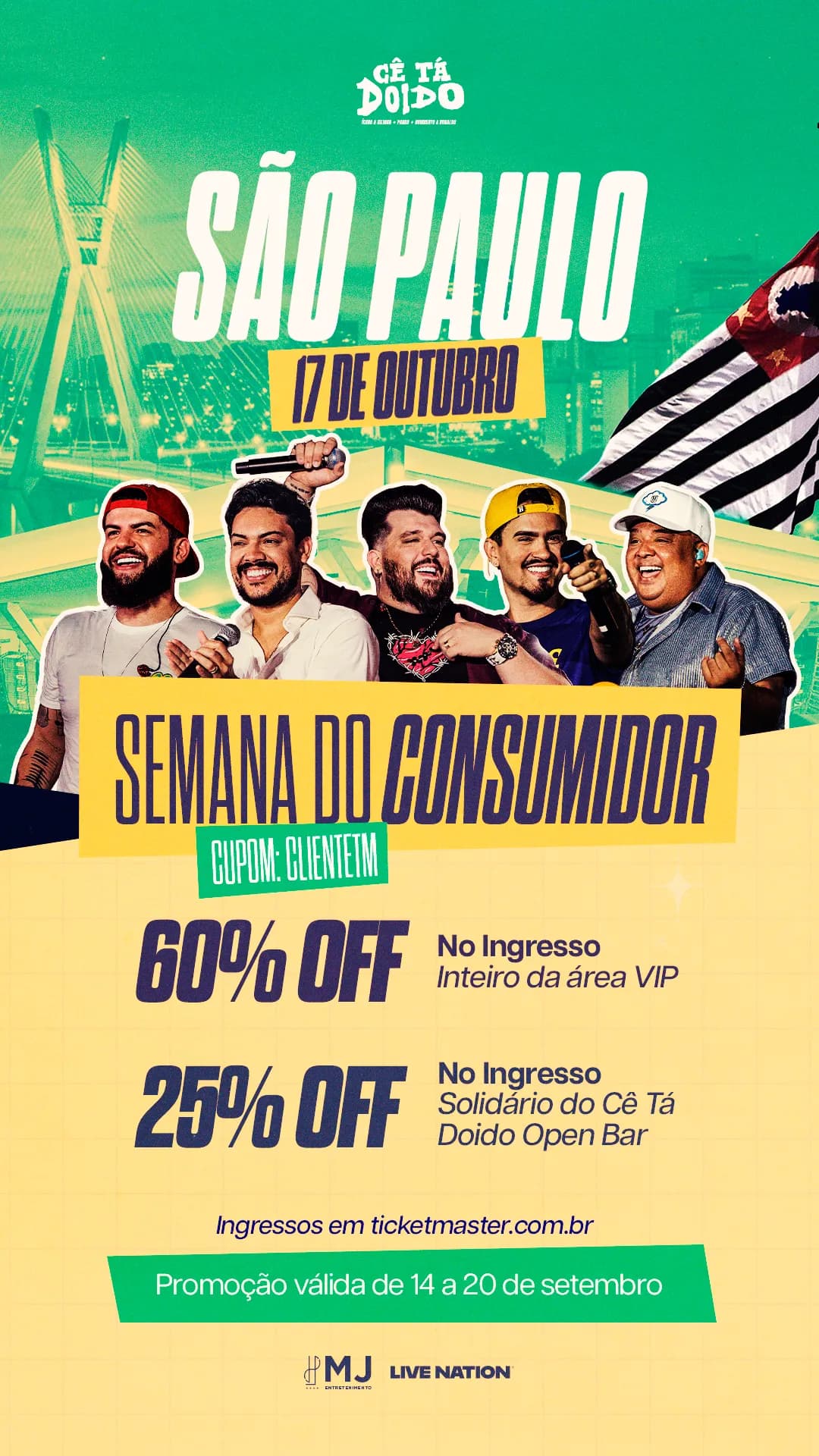 Story verde e amarelo do Cê Tá Doido em São Paulo com a promoção da Semana do Consumidor: 60% e 25% de desconto com cupom