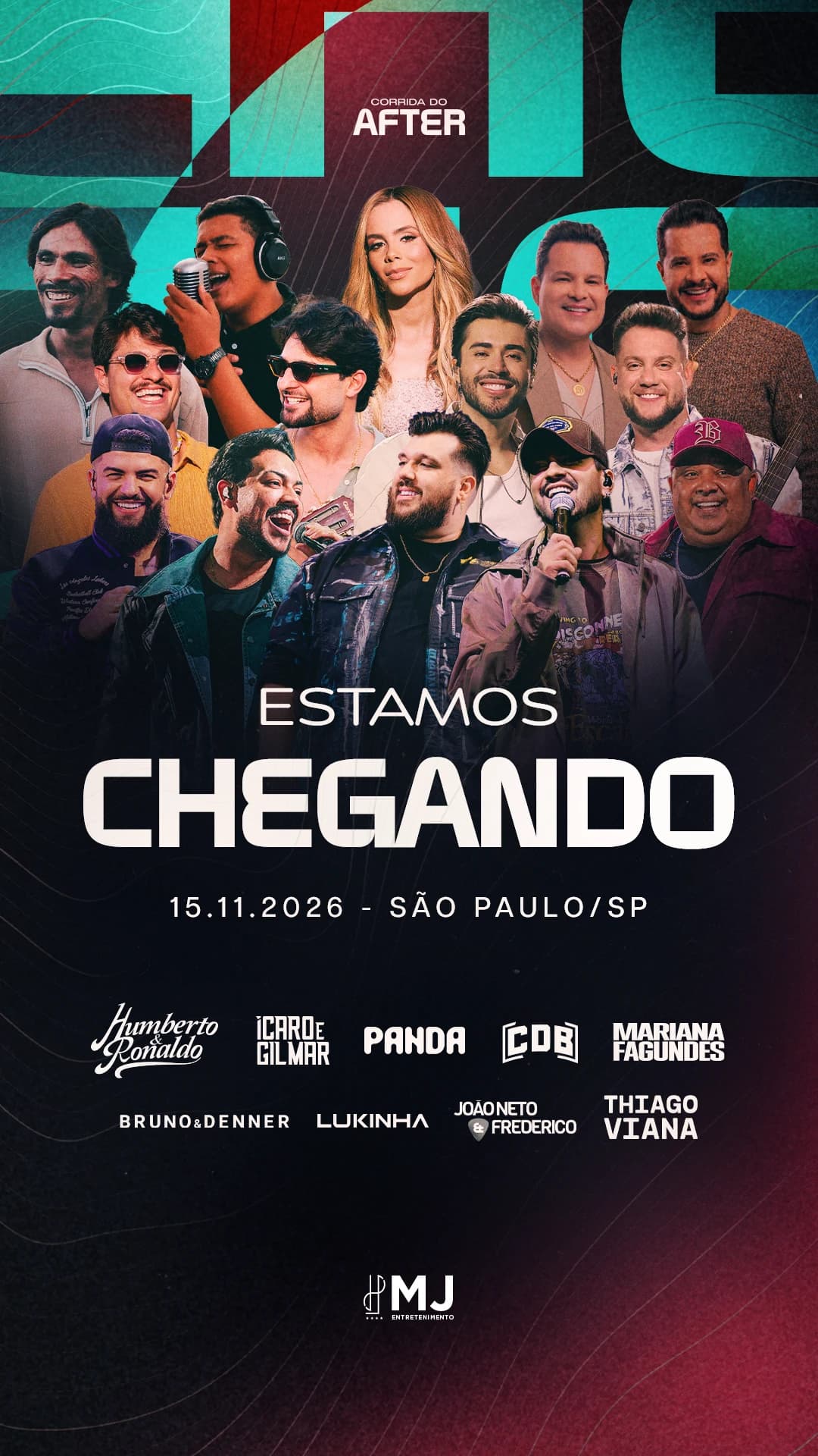 Story escuro com degradê vinho e verde-água da Corrida do After: "Estamos chegando", 15.11.2026, São Paulo, com o line-up de artistas