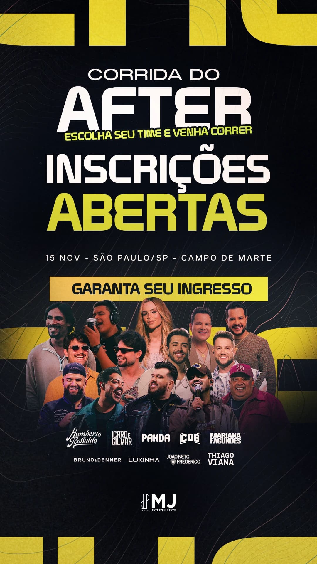Story preto e amarelo da Corrida do After: "Escolha seu time e venha correr — inscrições abertas", 15 de novembro no Campo de Marte, São Paulo