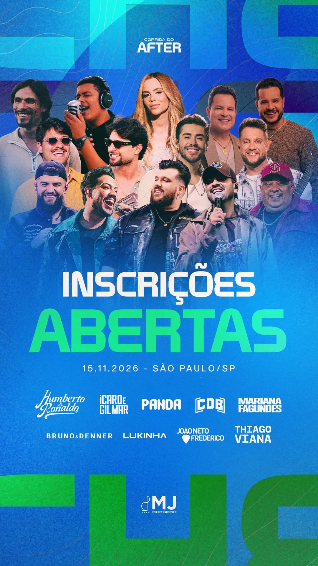 Story azul com verde da Corrida do After: "Inscrições abertas", 15.11.2026, São Paulo, com o line-up