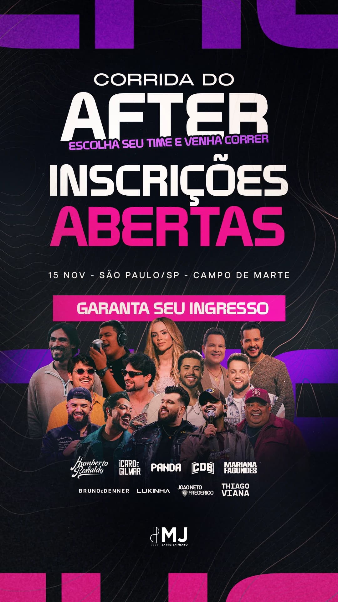 Story preto, roxo e rosa da Corrida do After: "Escolha seu time e venha correr — inscrições abertas", 15 de novembro no Campo de Marte, São Paulo