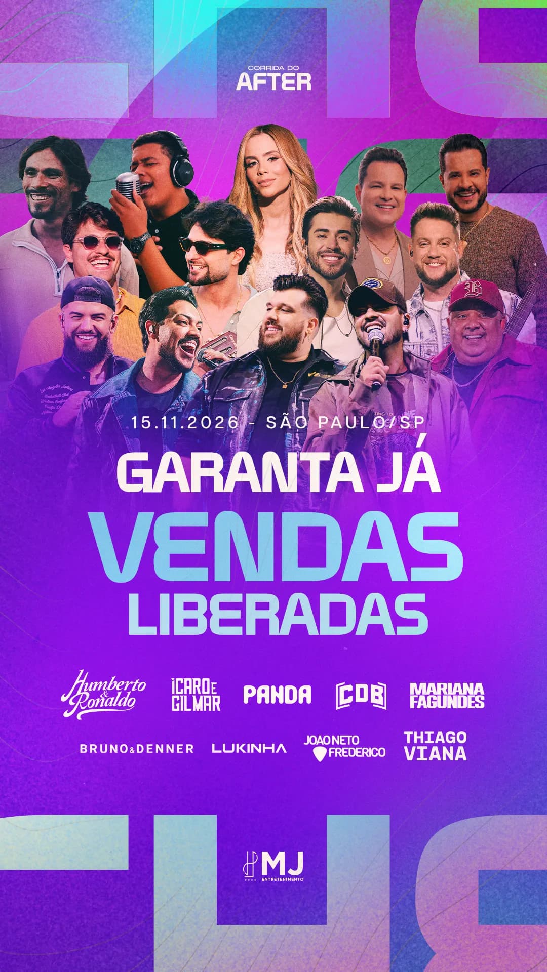 Story roxo e azul da Corrida do After anunciando "Garanta já — vendas liberadas" para 15.11.2026 em São Paulo, com os artistas da edição
