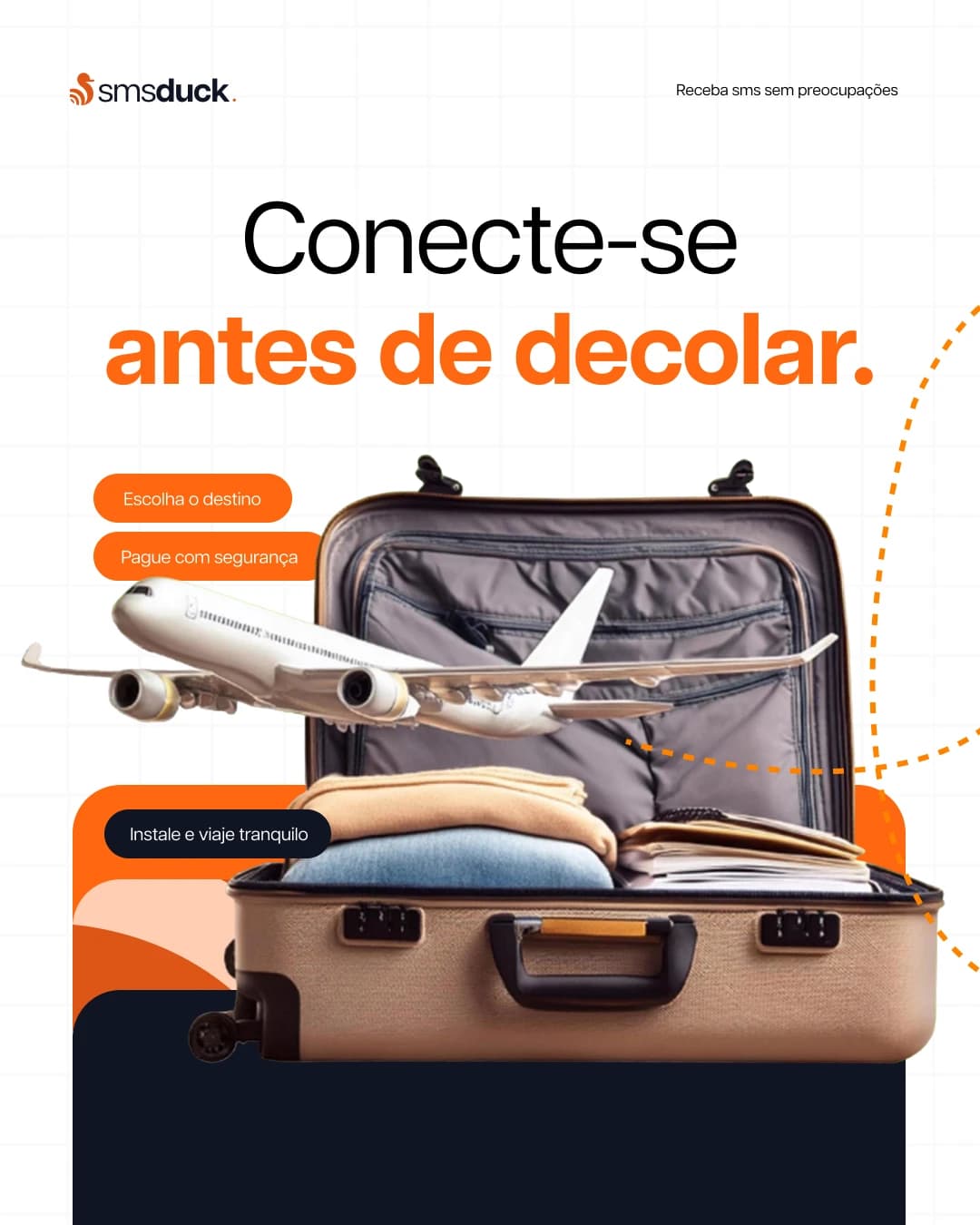 Post da SMSDuck: mala aberta com um avião decolando, o título "Conecte-se antes de decolar" e as etapas escolha o destino, pague com segurança e instale