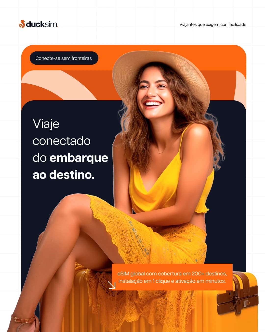 Post da DuckSim: mulher de chapéu e roupa amarela sentada numa mala, com o título "Viaje conectado do embarque ao destino" e destaque para eSIM em 200+ destinos