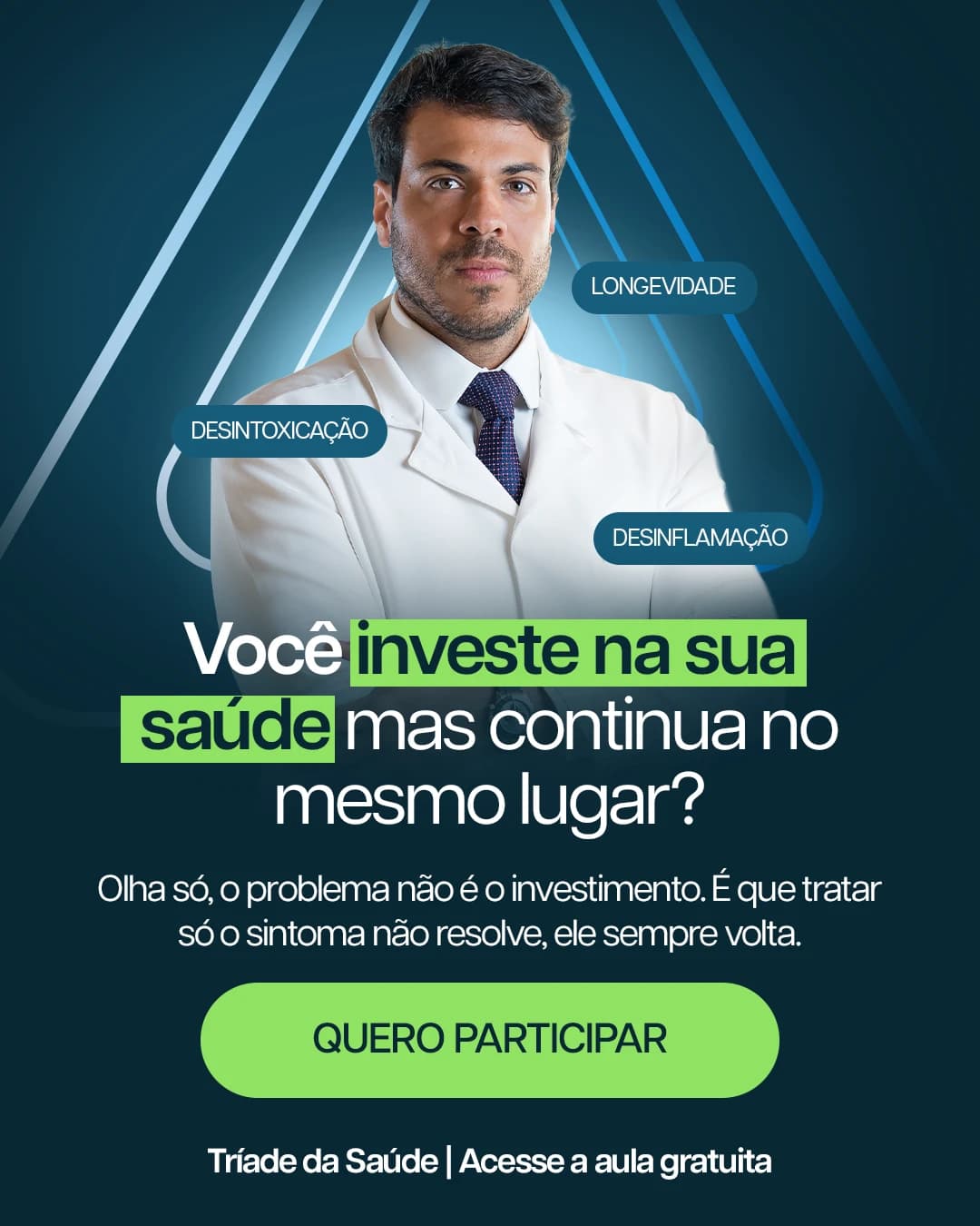 Anúncio azul-petróleo da Tríade da Saúde: Dr. William Araujo de jaleco diante de triângulos de luz, com as etiquetas longevidade, desintoxicação e desinflamação e o título "Você investe na sua saúde mas continua no mesmo lugar?"