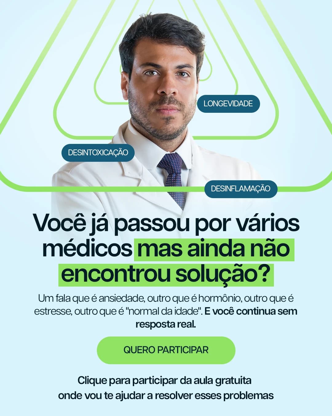 Anúncio azul-claro e verde: Dr. William Araujo de jaleco e o título "Você já passou por vários médicos mas ainda não encontrou solução?" com destaques em verde