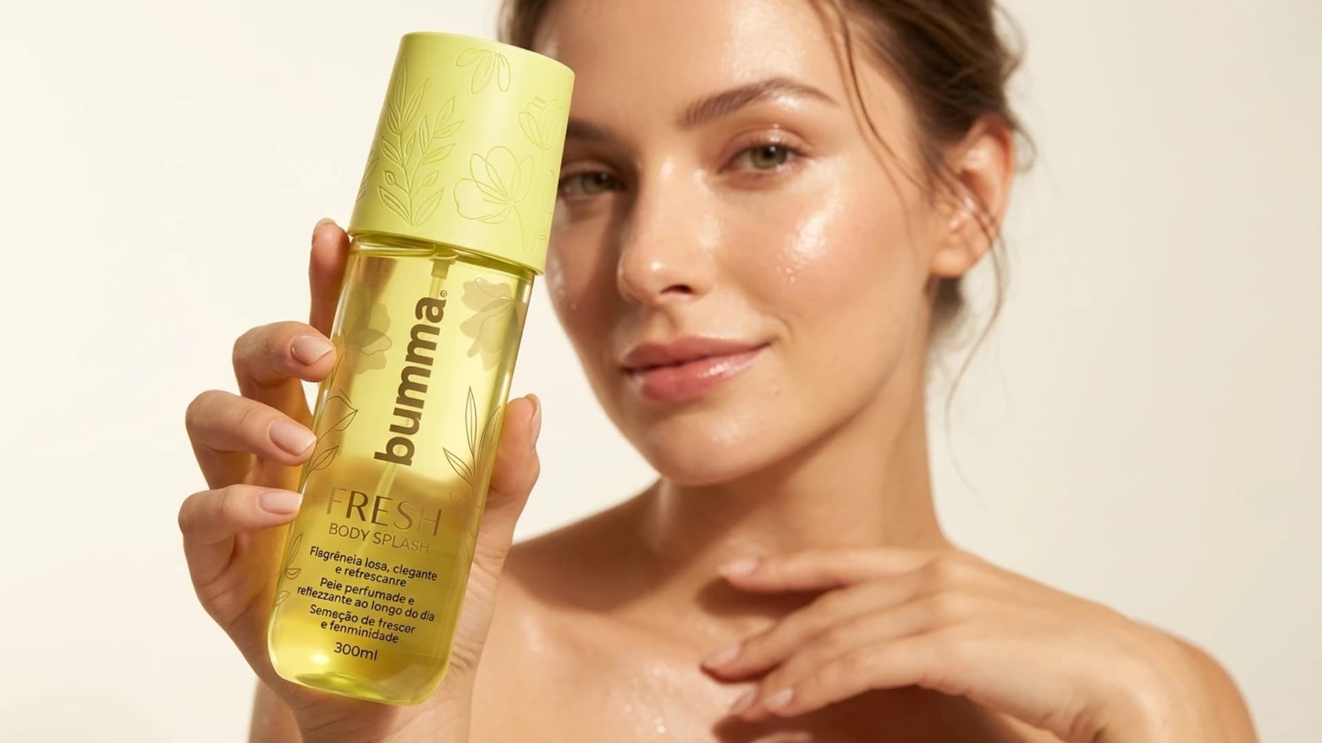 Modelo de pele iluminada segurando o frasco do Bumma Fresh Body Splash próximo ao rosto