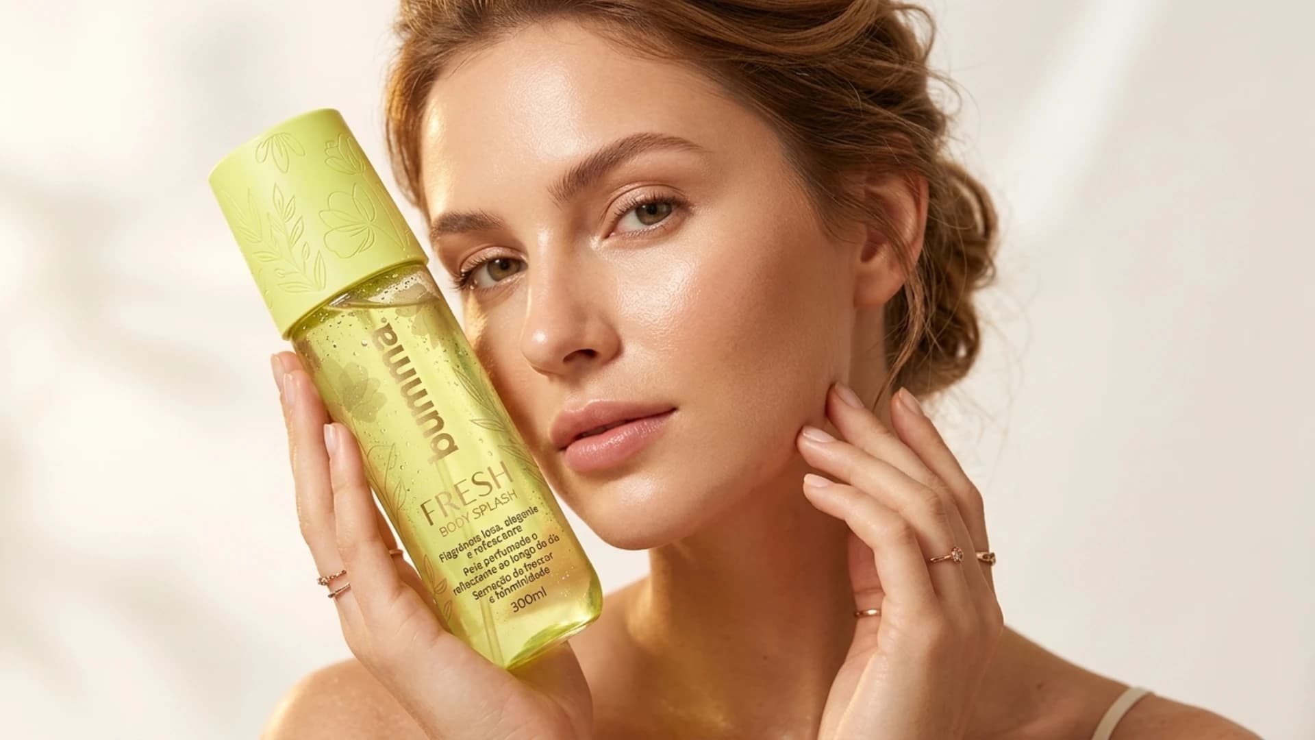 Modelo encostando o frasco do Bumma Fresh Body Splash no rosto, em luz quente