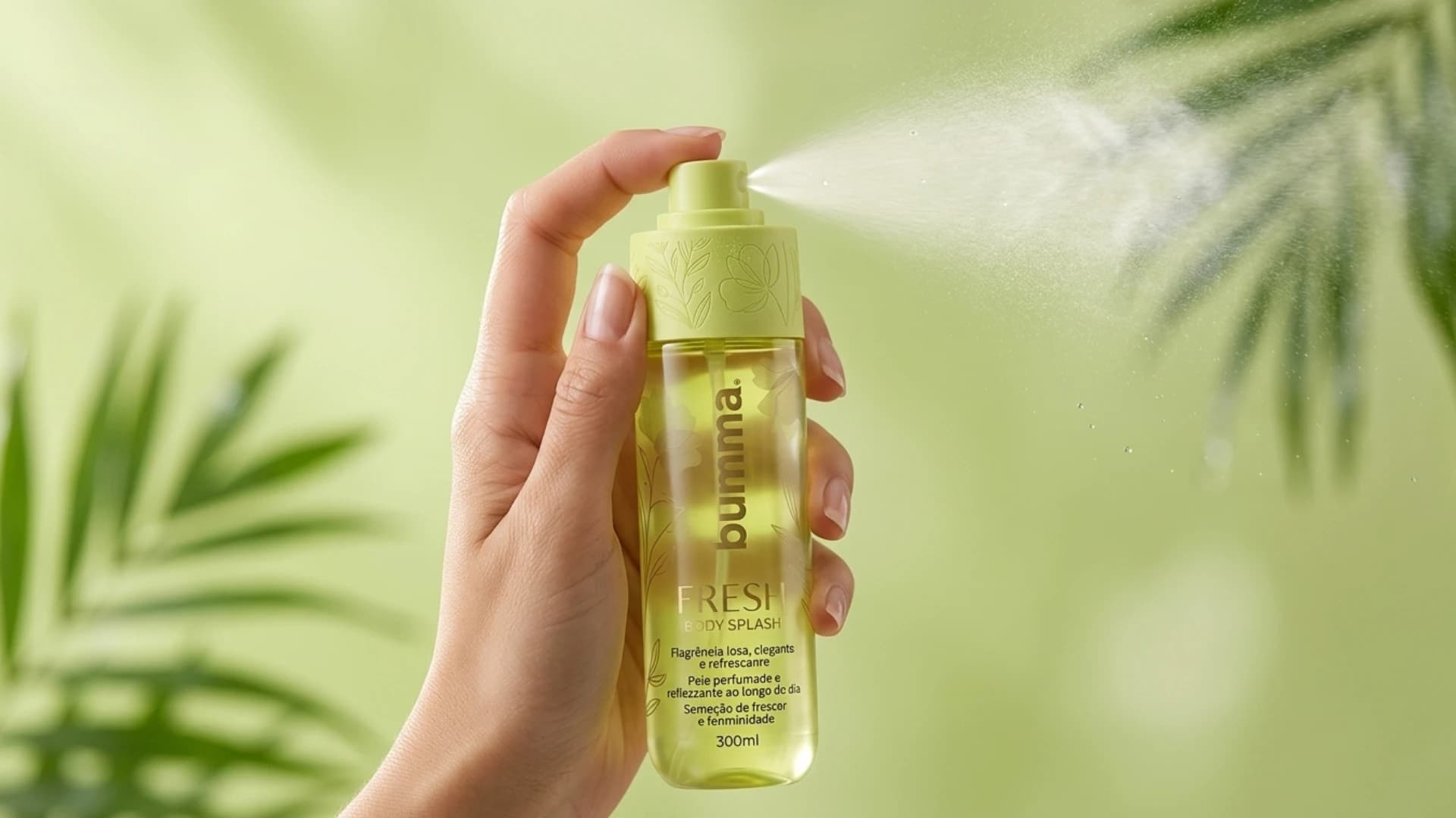 Mão borrifando o Bumma Fresh Body Splash sobre fundo verde com folhas de palmeira desfocadas