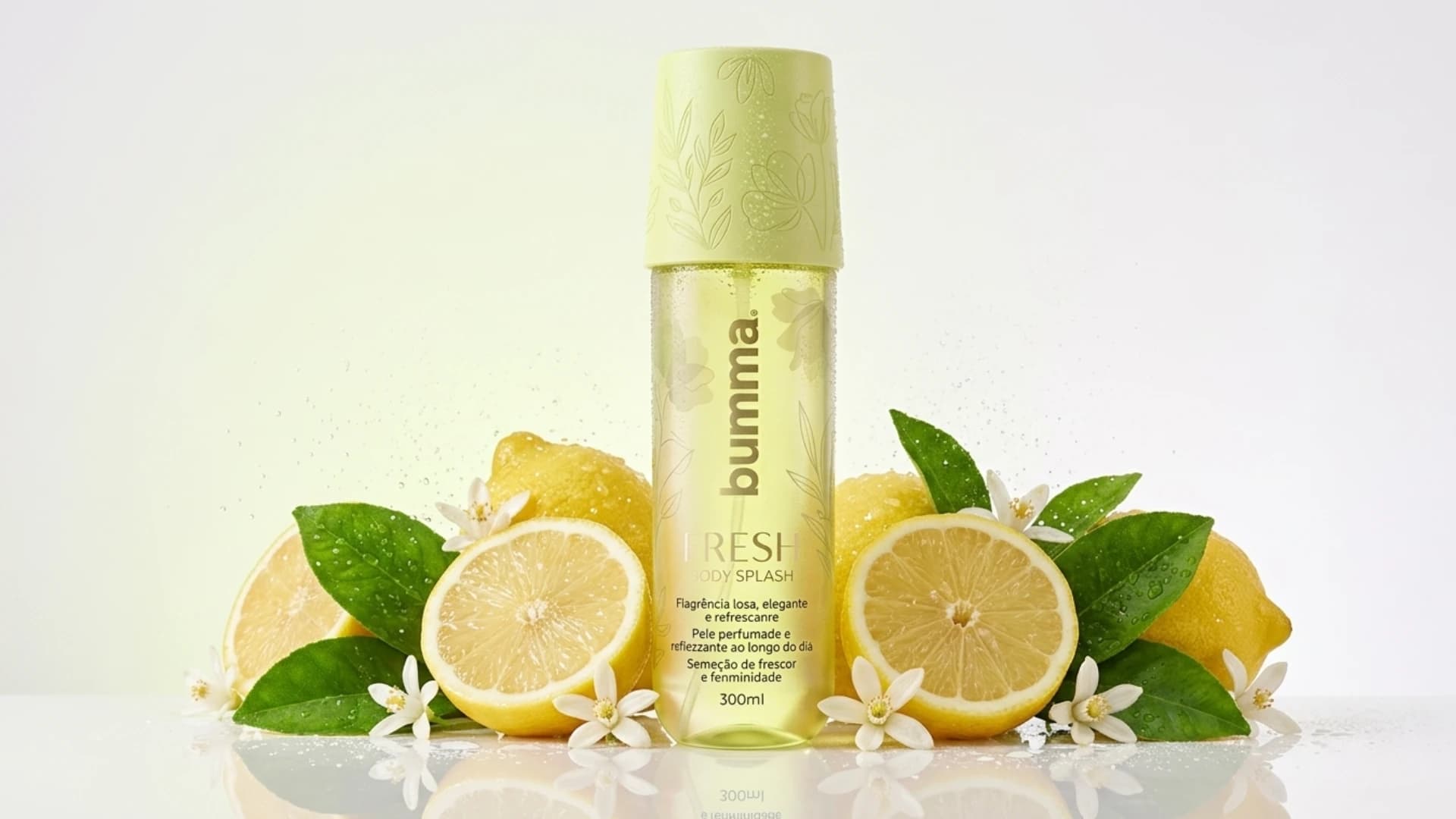 Frasco do Bumma Fresh Body Splash 300 ml, com tampa verde-limão gravada com folhas, entre limões e flores brancas
