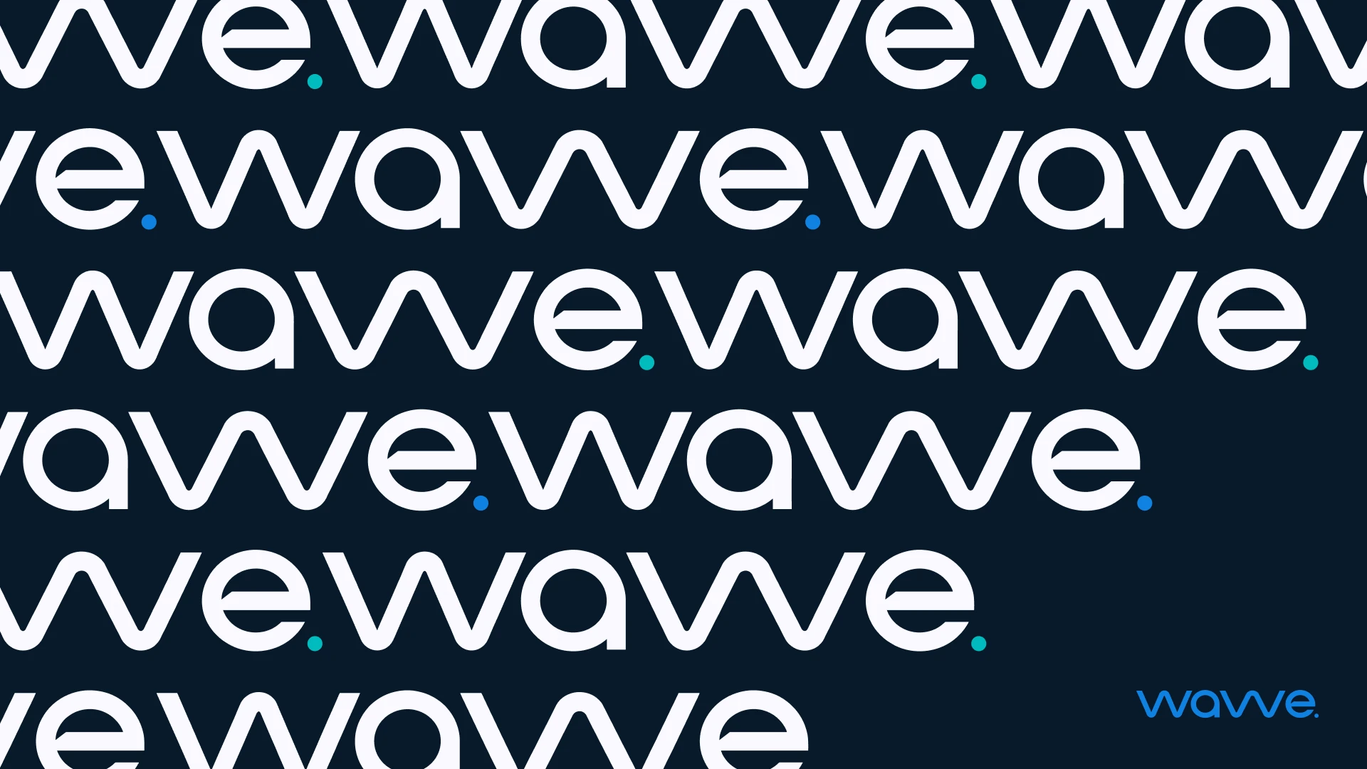 Padrão de marca com o wordmark Wavve repetido em linhas sobre fundo azul-noite, com pontos alternando entre turquesa e azul