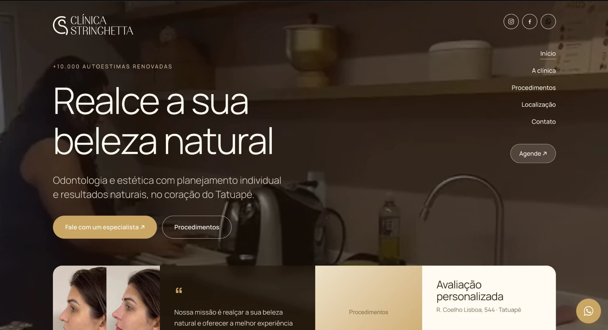 Primeira dobra do site da Clínica Stringhetta: título "Realce a sua beleza natural" sobre vídeo da clínica em tons escuros, botões dourados "Fale com um especialista" e "Procedimentos", menu à direita e cartões de antes e depois, missão e avaliação personalizada