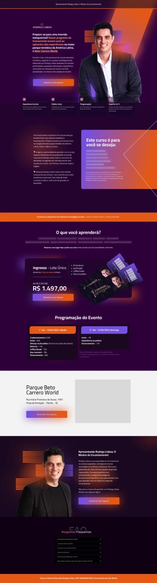 Landing page roxa e laranja de Rodrigo Lisboa, o Mestre do Encantamento: imersão no Beto Carrero World, público-alvo, o que você aprenderá, ingresso por R$ 1.497, programação dos dois dias, localização e perguntas frequentes